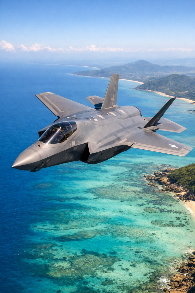 Stealth fighter jet flying over a tropical coastline with clear blue water and sandy beaches in the distance.