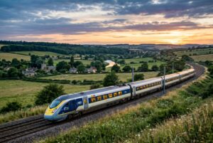 A blue and yellow modern passenger train curling along tracks through green countryside at sunset.
